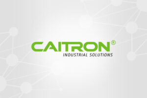 CAITRON Industrial Solutions logo on a light background with abstract network lines.